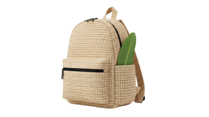 A beige, woven backpack with a green leaf in the side pocket, set against a transparent background