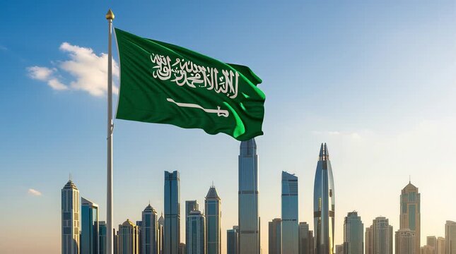 Saudi Flag waving at daylight .waving flag of Saudi arabia. muslim country flag. Saudi Arabian national symbol