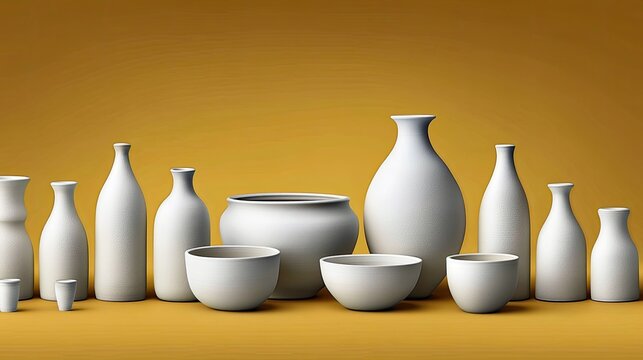 Various white ceramic pottery pieces, including vases and bowls, are arranged on a yellow background, creating a minimalist and artistic display.