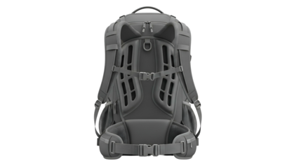 Rear view of a gray, technical hiking backpack with adjustable straps and support
