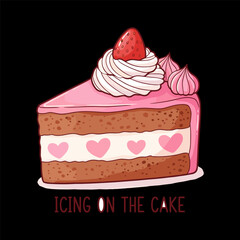 A delicious slice of chocolate layer cake with pink strawberry frosting, white cream filling featuring small hearts, and a fresh strawberry on top, perfect for dessert