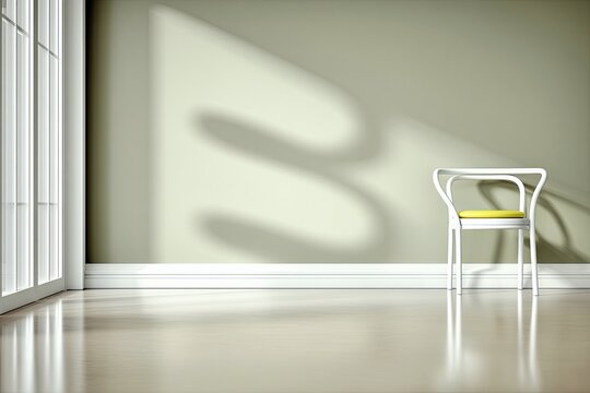 An empty room with a white chair and sunlight creating shadows on the wall. The minimalist design evokes a sense of calm and simplicity. - Powered by Adobe