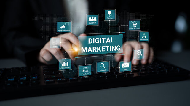 Digital marketing dashboard connecting data analytics, social media, SEO, and content strategy to improve business growth and customer engagement. Parse