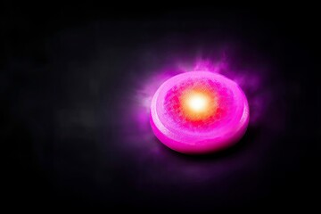 A vibrant pink orb emitting light and energy against a dark black background, creating a visually striking and mysterious effect.