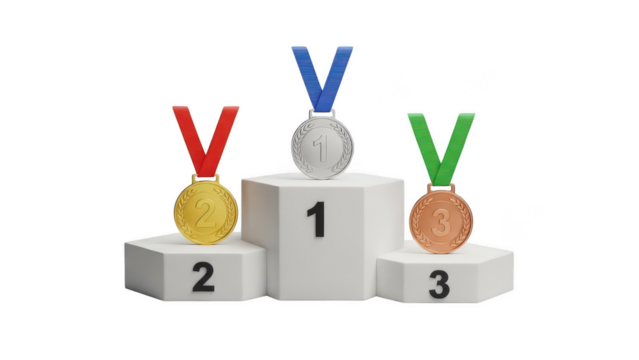 Winner podium with gold, silver and bronze medals on transparent background