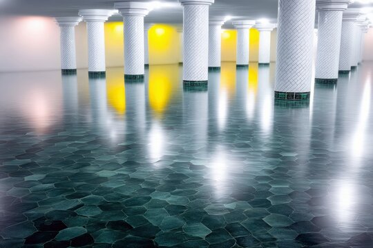 An abstract architectural image of a series of white columns reflecting on a wet, patterned floor in an underground space, illuminated by bright lighting. - Powered by Adobe