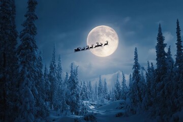 Snowy winter forest under a full moon with Santa and reindeer flying across the sky