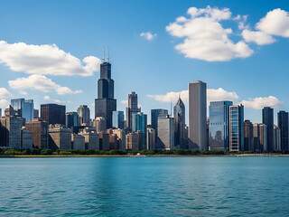 Obraz premium Chicago skyline viewed from lake michigan on a bright, sunny day with scattered white clouds above