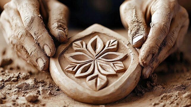 Close-up of hands holding a carved wooden piece with a floral design, covered in clay. The image is warm and inviting, highlighting the craft.