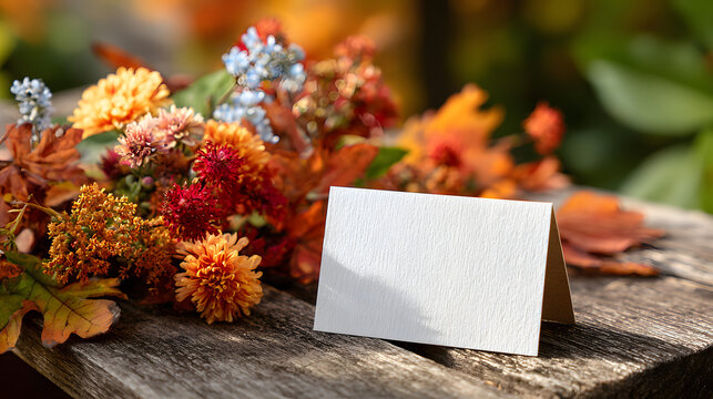 Elegant autumn scene with blank greeting card. Capture serene fall foliage display alongside empty note ideal mockup for seasonal promotion invitation thank you message or heartfelt