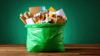 Full green collection bag overflows with discarded paper and cardboard materials against a solid colored backdrop