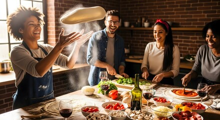 Joyful friends making pizza, tossing dough, flour flying in kitchen
