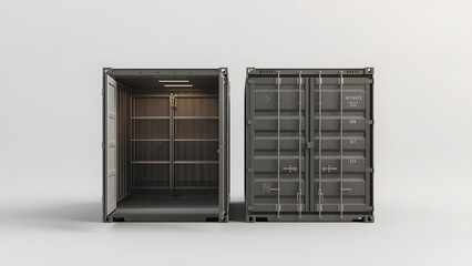 A pair of identical, dark gray shipping containers