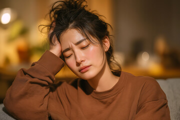 Close-up of a young woman sitting on a sofa, holding her head in pain with a severe headache. Symbolism: Represents Migraine, Stress, Anxiety, Illness, Tension, and the need for Rest/Relief.
