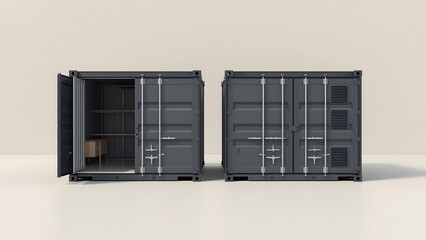 A pair of identical, dark gray shipping containers