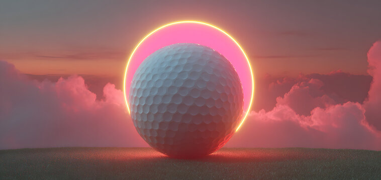 A vibrant, stylized golf ball illuminated by neon lights, set against a dramatic sunset backdrop, creating a futuristic atmosphere. 3D