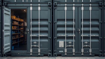 A pair of identical, dark gray shipping containers