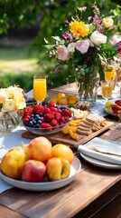 A vibrant outdoor table setting featuring fresh fruits, beautiful flowers, and refreshing drinks, perfect for a cheerful gathering.