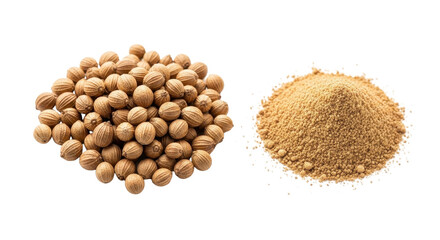Pile of coriander seeds and ground coriander spice isolated PNG with Transparent Background