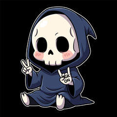 Cute chibi grim reaper character wearing a dark blue hooded cloak sitting down and making peace and rock on hand gestures against a, cartoon illustration