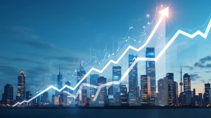 Business growth with rising graphs lining the modern city skyline, symbolizing future opportunities and economic progress. 4k video - Powered by Adobe