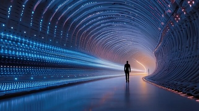 A man walks through a glowing, futuristic tunnel with light trails. The scene is illuminated by ambient lighting, creating a sense of mystery and technological