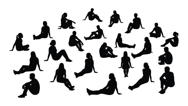 Diverse sitting people silhouettes isolated on white background, Vector