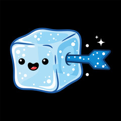 Cute cartoon ice cube character with a blue arrow piercing through its side, featuring a happy expression and sparkling effect on a