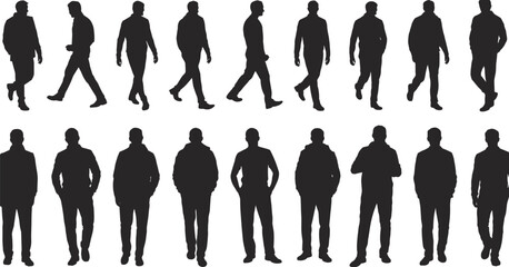 Large set of diverse men silhouettes walking and standing in various casual and professional poses, perfect for crowd and scale.