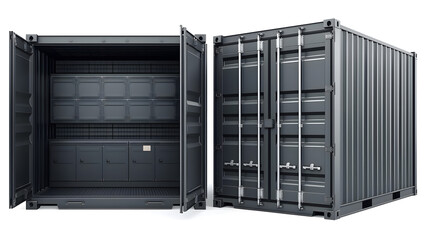 A pair of identical, dark gray shipping containers