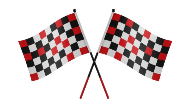 Crossed red and black checkered racing flags on transparent background