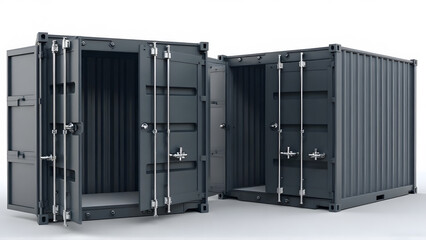 A pair of identical, dark gray shipping containers