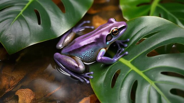 Vibrant purple iridescent frog resting on large green leaves in shallow water.