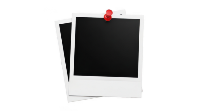 Stacked blank photo frames with red push pin on transparent background
