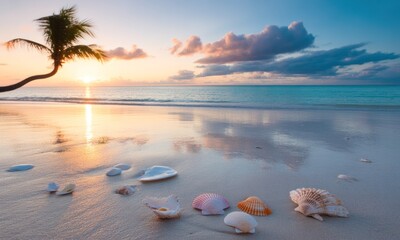 Tropical beach at sunset, shells on the sand