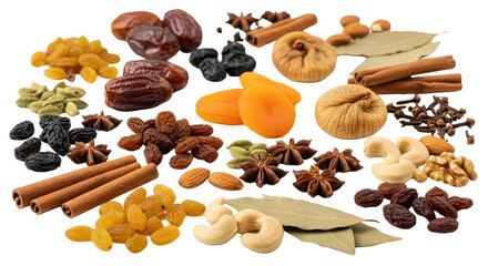 Variety of dried fruits, nuts, and spices isolated PNG with Transparent Background