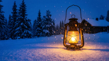 Vintage lantern with candle glowing on snow at winter twilight
