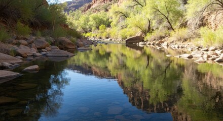 Tranquil river reflecting canyon trees