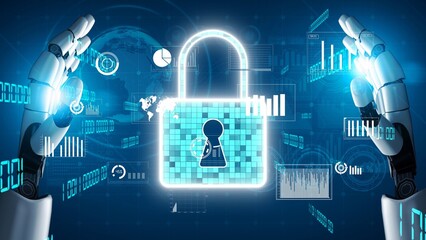 This stunning image features robotic hands safeguarding a digital padlock, symbolizing cyber security amidst a universe of data visualizations and global connectivity. Xenic