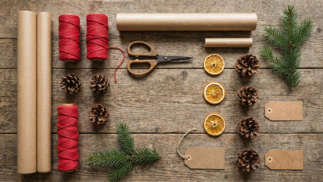 Flat lay of Christmas gift wrapping tools and craft paper on wood