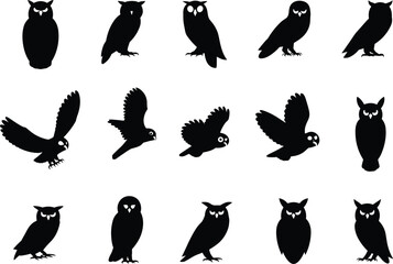Collection of fifteen owl silhouettes in various standing and flying poses, representing nocturnal wildlife, wisdom, and mystery vector,