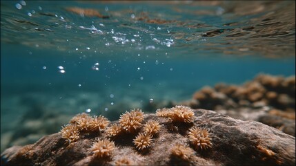 An underwater scene showing delicate coral polyps growing on a rock with bubbles ascending towards the sunlit water surface