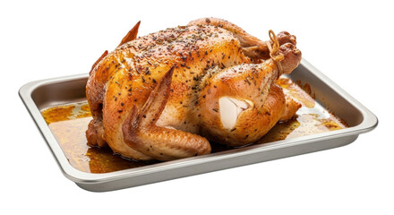 Roasted whole chicken on a metal baking sheet isolated PNG with Transparent Background
