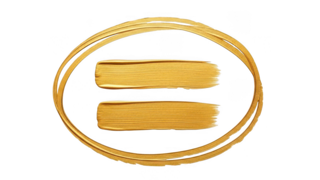 Gold hand-painted equal sign inside oval on transparent background
