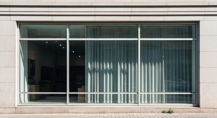 Store front with large windows and light blinds