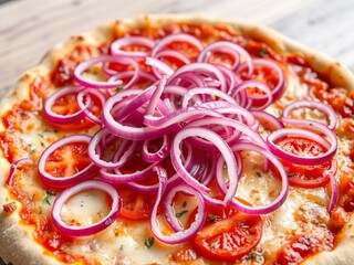 Thinly sliced red onions creating a visually appealing pattern on a pizza with cheese and tomato,  cheesy,  delicious