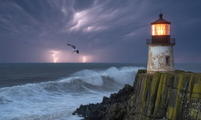 Stormy seas, a lighthouse stands tall against the tempest