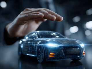 A concept of car security with a hand above a digital futuristic car and protective shield hologram, symbolizing innovation in automotive safety.