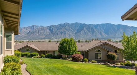 Suburban homes nestled against a mountain range