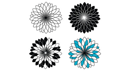 Four stylized floral petal patterns in black, white, and blue